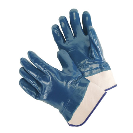 Nitrile Fully Coated Glove over cotton knit, safety cuff. 12dz